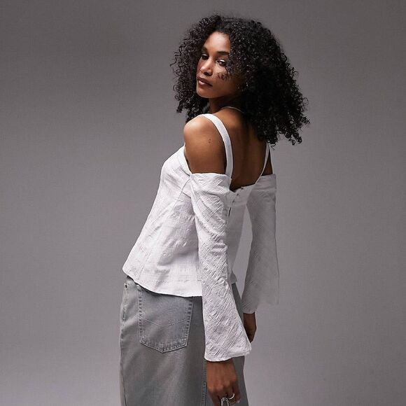 Topshop textured cold shoulder top in ivory - Picture 10 of 12